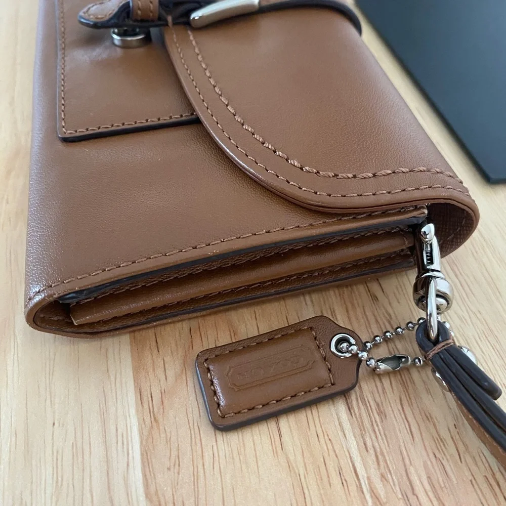 Coach Tan Leather Buckle Wristlet Clutch with Silver Hardware - Picture 6 of 14